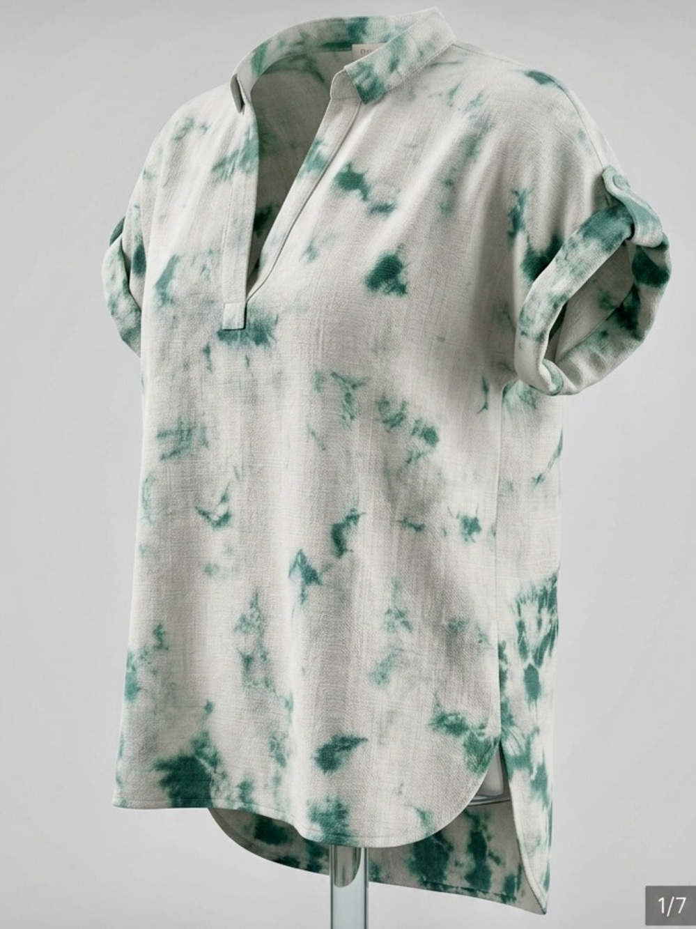 Rachel Zoe Green White Tie Dye 100% Linen V-Neck Top Blouse Cuff Sleeve Sz S
